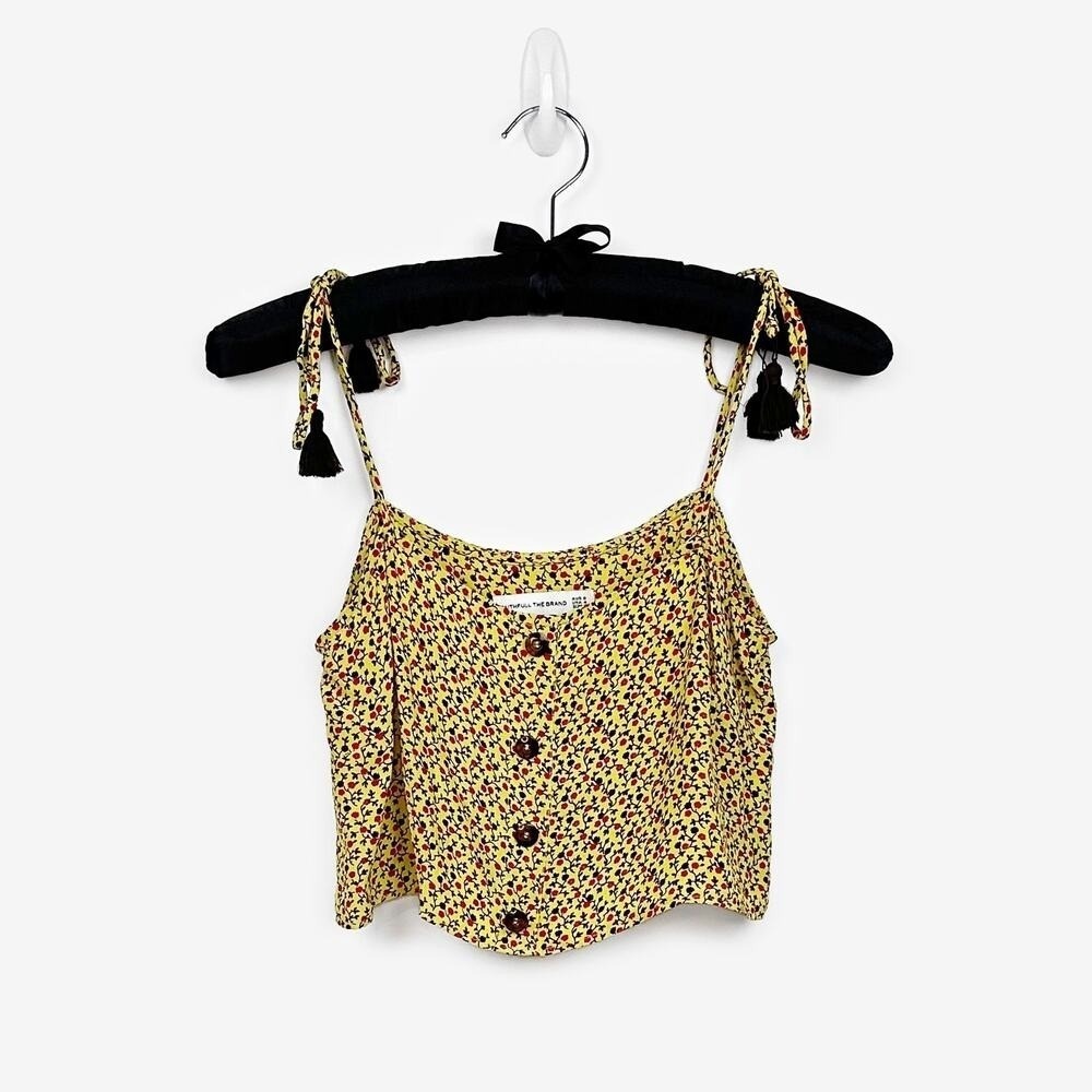 Faithfull the Brand Floral Crop Top Size S Yellow Rayon Tassel Ties Daisy Summer